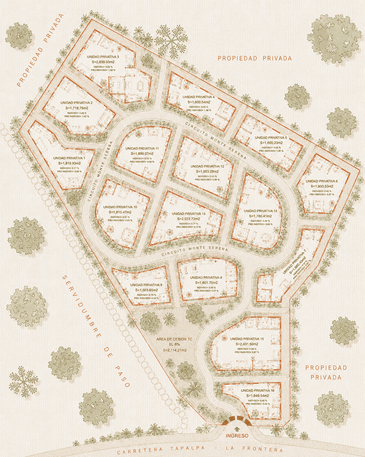 Plano maestro de Monte Serena con la distribución de los 16 terrenos residenciales y sus vialidades